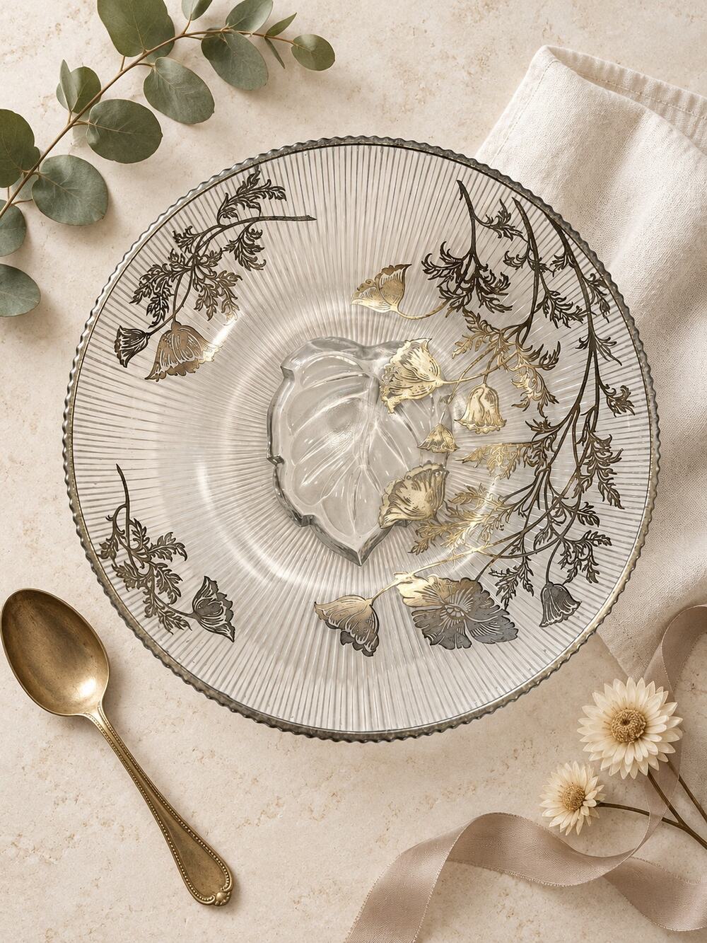Clear Pressed Glass Black Gold Floral Serving Bowl 10 Inch
